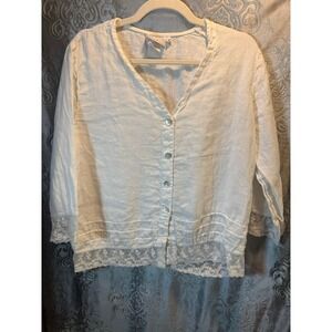 Hot Cotton by Marc Ware White 100% Linen Lace Trim Button Down Top Blouse Medium